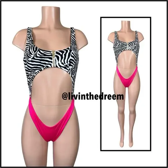 Beach Bunny Kelly Monokini One Piece Zebra Stripe and Barbie Pink SZ L $170